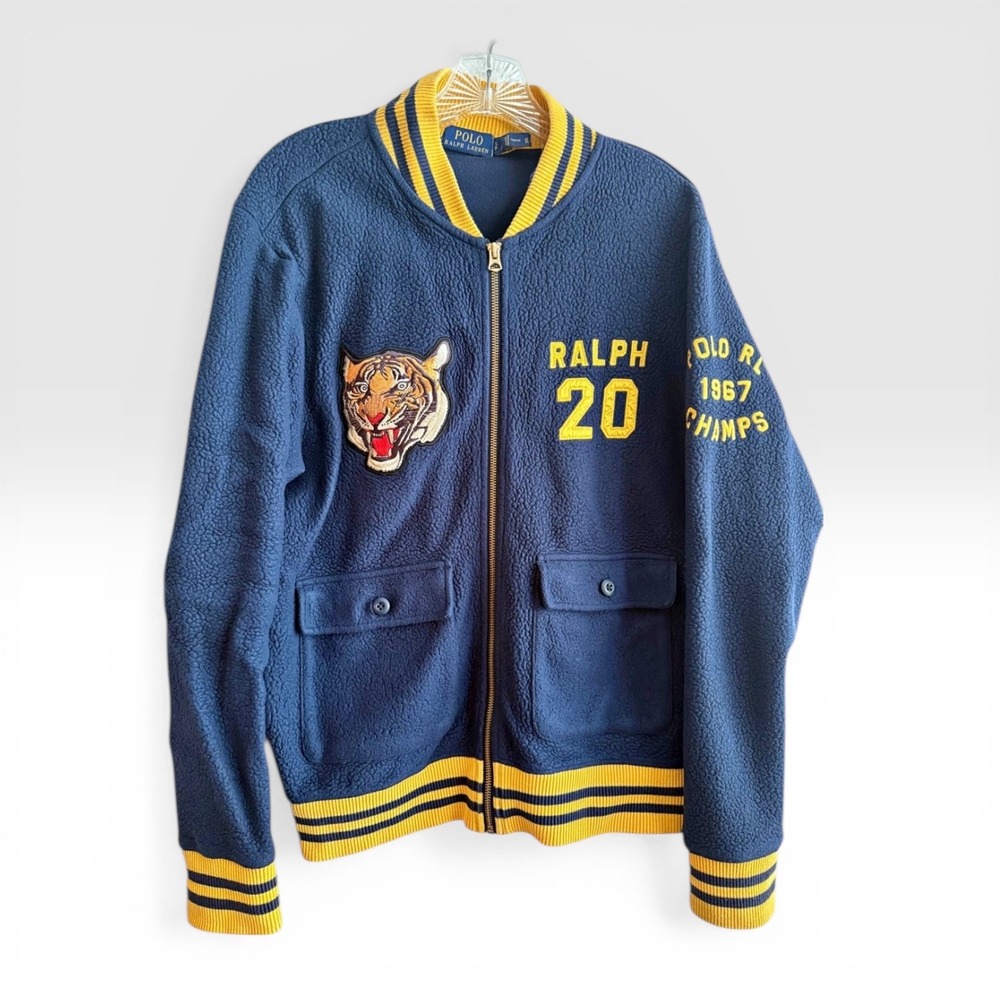 Polo Ralph Lauren Varsity Jacket Men Small Navy Blue Tiger Patch Sherpa Fleece‎